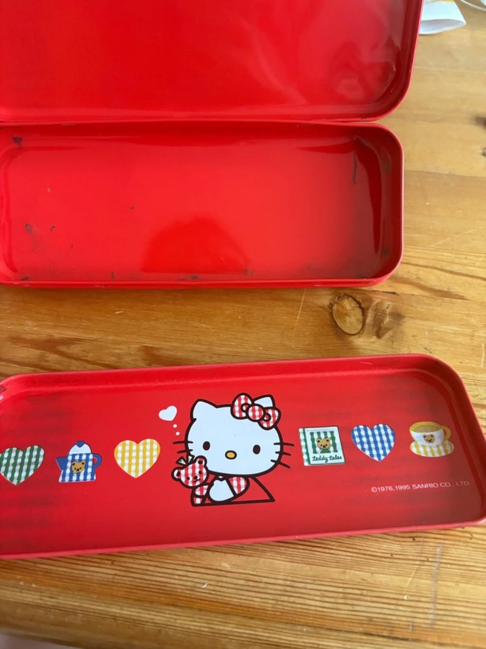 VTG Sanrio Hello Kitty Pencil Case Tin Box Red Pen Case Metal 1995 rare
